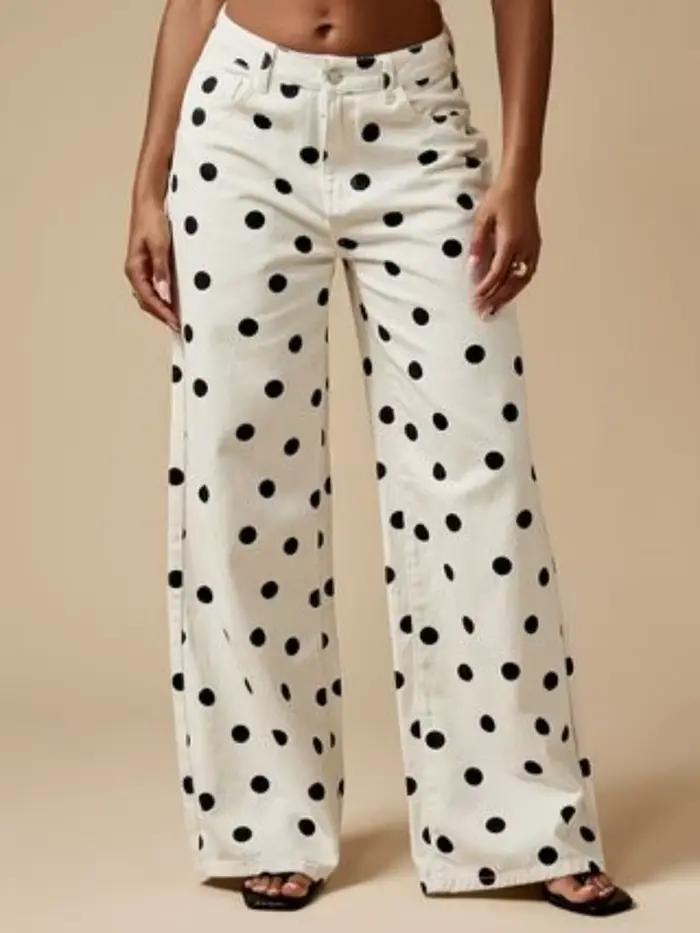 Pantalon en denim à jambes larges imprimé à pois rétro de style américain pour femmes, pantalon déco