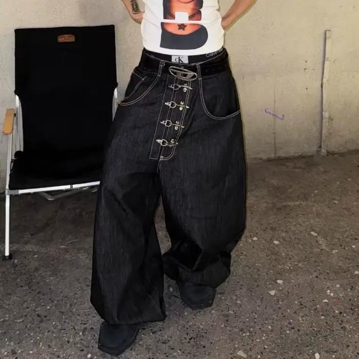 American Street Y2K boutonnage Design lavage jean à jambes larges femmes rétro Hip Hop pantalon ampl