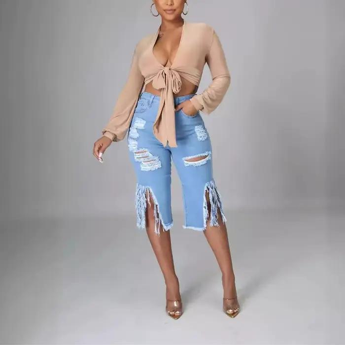 Jean d'été longueur genou pour femme, pantalon en Denim délavé avec pompon déchiré, trous taille hau