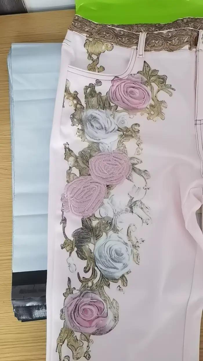 Jean rétro Rose brodé pour femmes, imprimé artistique, pantalon élégant et gracieux, taille haute, 2