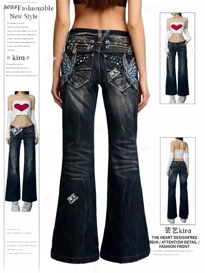 Jeans taille basse pour femmes, broderie punk, pantalon en denim de créateur, style japonais Abi Y2k