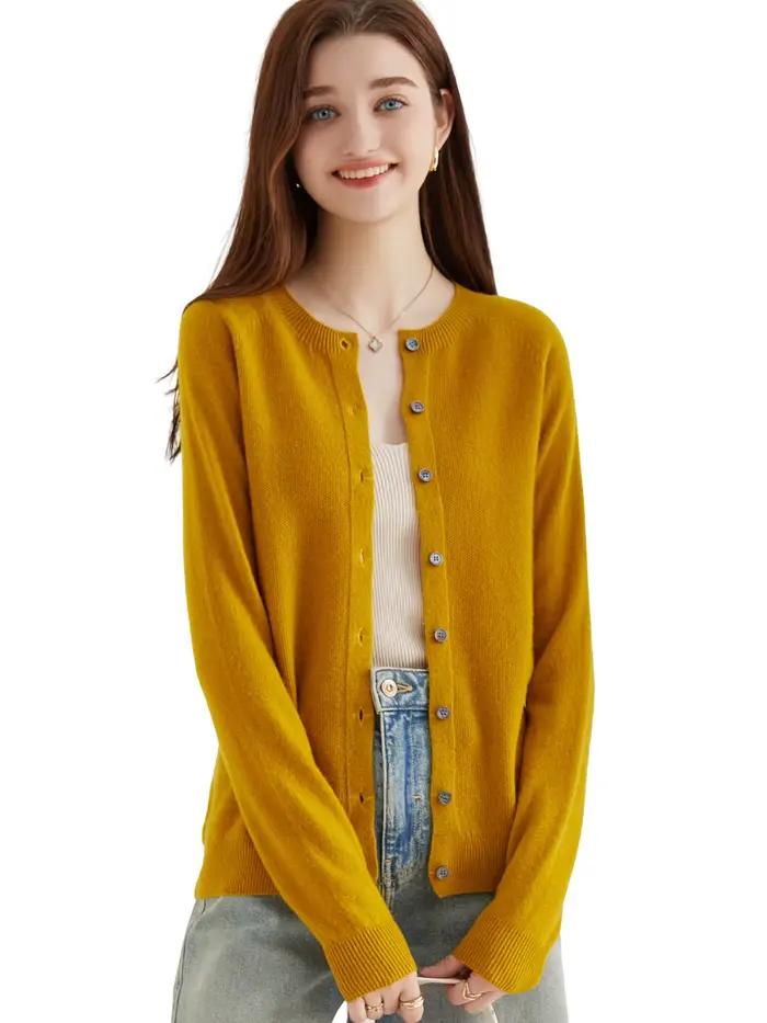 Cardigan en tricot pour femmes, pull à manches longues, haut 100% laine, manteau Vintage, veste en t