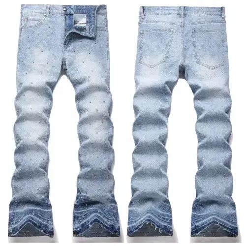 Jean évasé en denim pour homme, orné de strass, effet vieilli, taille mi-haute, style vintage, coupe