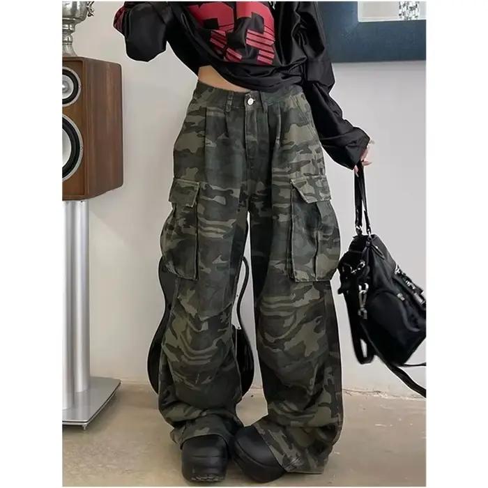 Jean vert militaire pour femmes, taille haute, Vintage, Baggy droit, pantalon en Denim Y2K, Hip Hop,