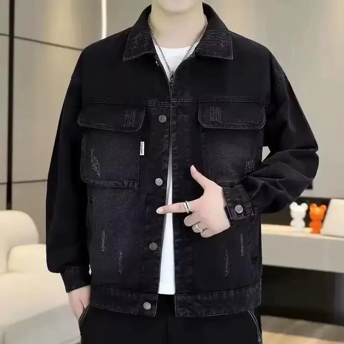 Veste en jean ample pour homme style coréen rétro, col lavé, tendance, look vintage, vêtement d'exté