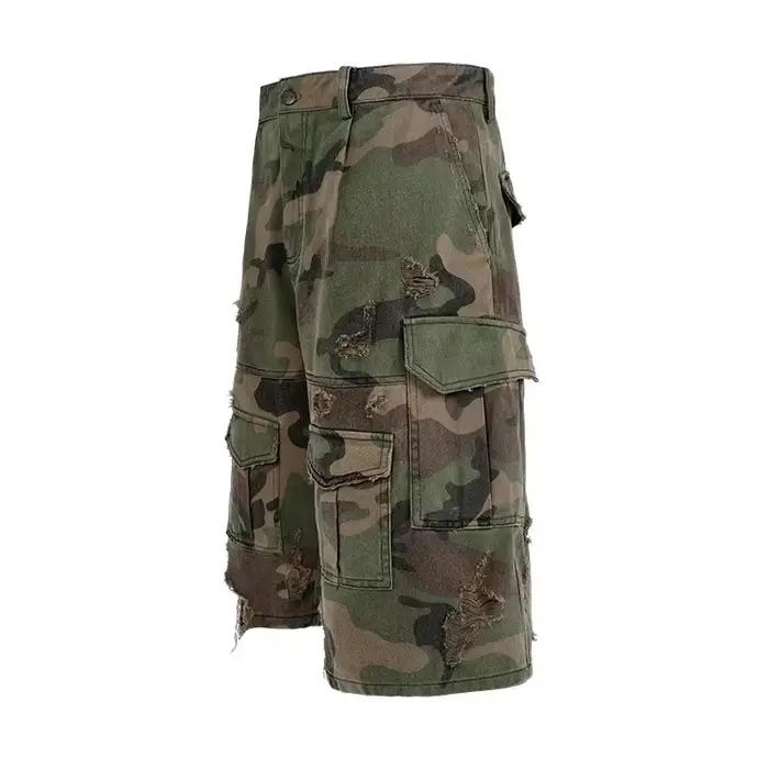Camouflage déchiré lavé vieux hommes Vintage ample pantalon à jambes larges américain rétro Hip-Hop