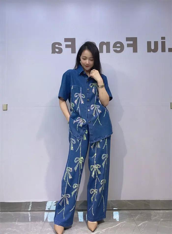 Ensemble 2 pièces en Denim à manches courtes pour femmes, tenue décontractée, pantalon à jambes larg