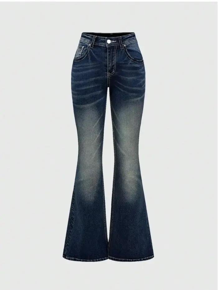 Jean Y2k pour femme, pantalon en Denim évasé taille haute bleu avec broderie, Style rétro Vintage, C