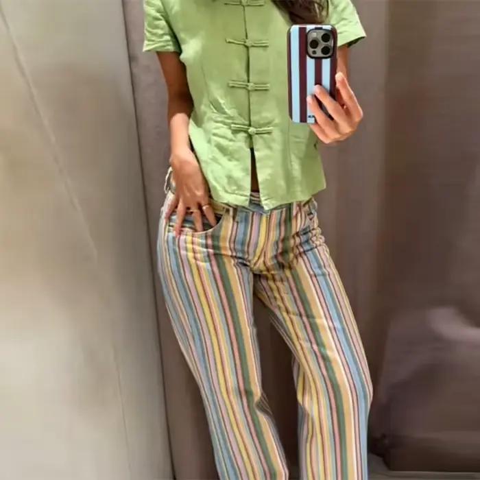Jean rayé coloré pour femme, taille basse, coupe droite, pantalon décontracté style urbain, long jea