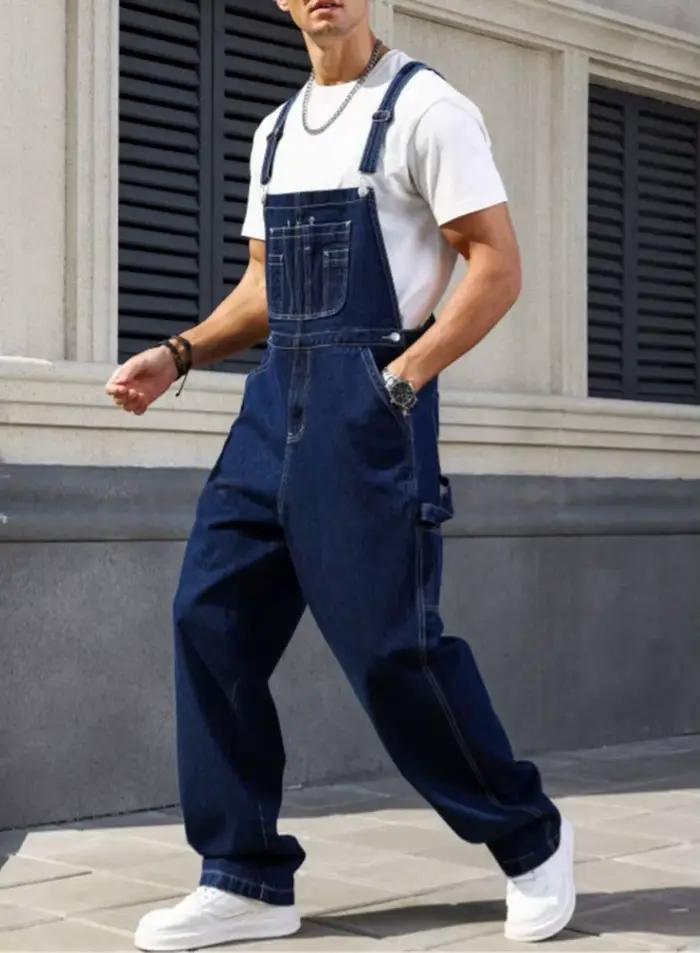 Salopette en denim bleu foncé ample pour homme, adaptée à toutes les saisons