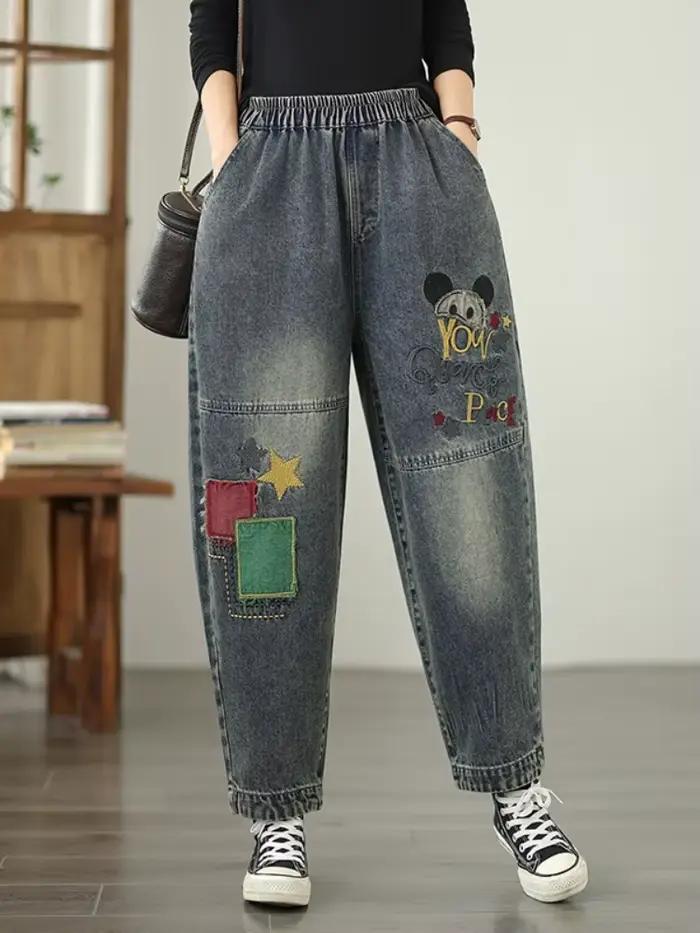 Surdimensionné printemps automne décontracté ample jean vintage broderie nouveau en jean femme taill
