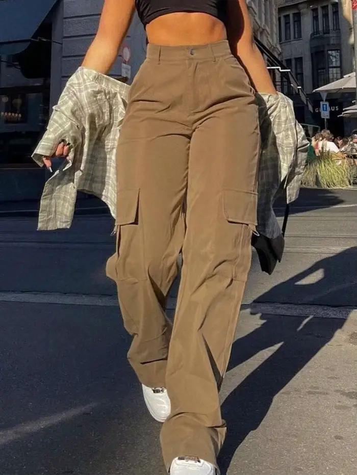 Pantalon Cargo taille haute pour femmes, mode de rue, décontracté, avec poches et boutons, bas uni p
