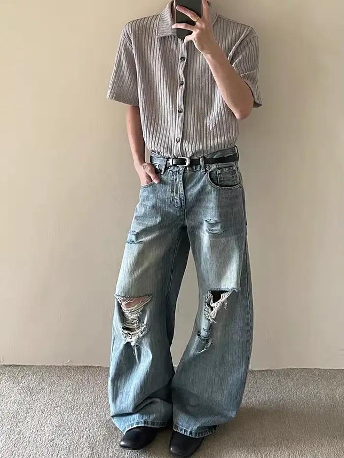 2025 American High Street hommes déchiré Jean Y2K Vintage droit Baggy Denim pantalons Hombre Hip Hop