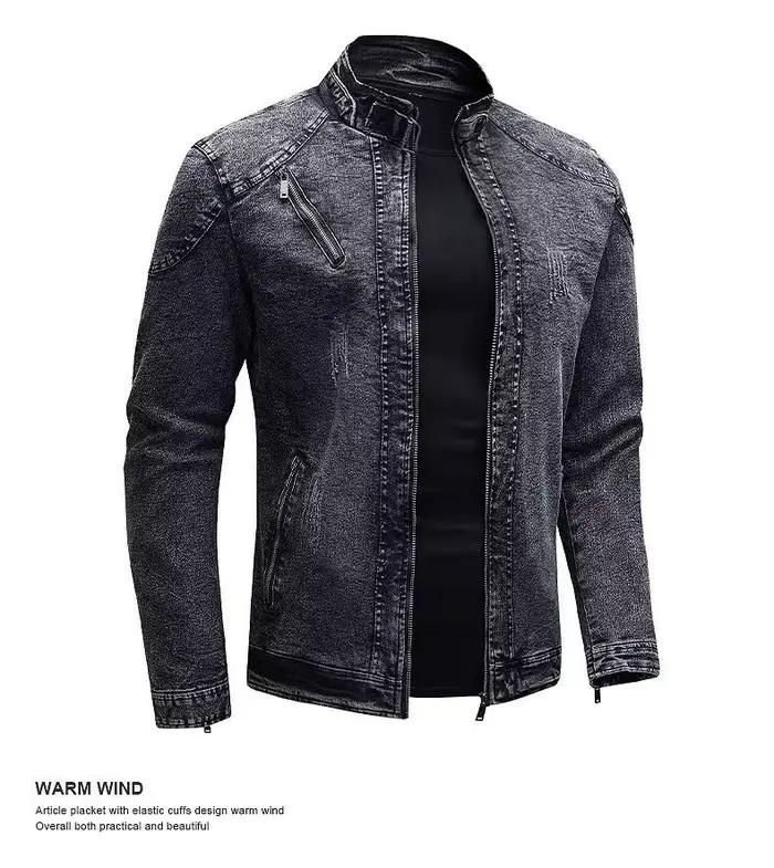 Vestes en jean pour hommes, col montant, manches longues, couleur unie, style décontracté, tendance,