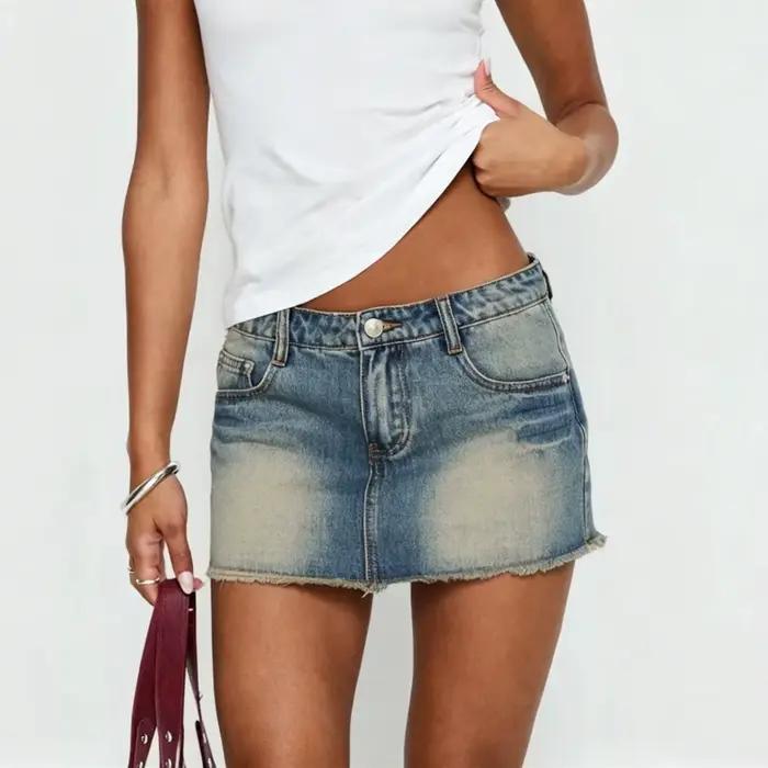 hirigin Mini-jupe en jean taille basse pour femme, style américain vintage, rétro Y2K, ourlet effilo