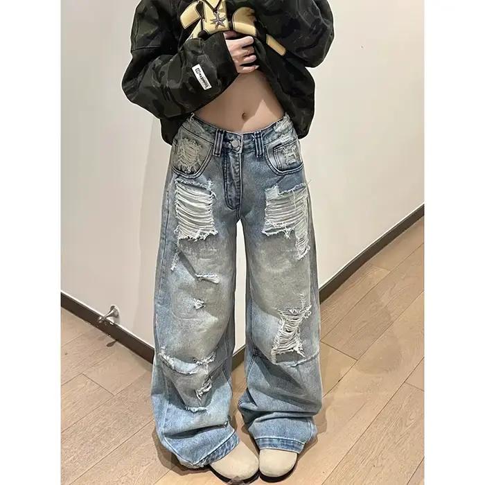 Pantalon en jean baggy déchiré pour femme ZHIZOU, style rétro américain Y2K, coupe large, design hip