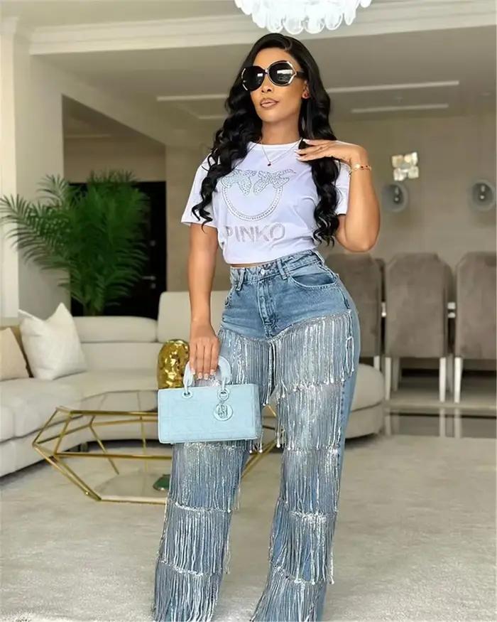 Jean femme décontracté mode rue paillettes frange conception jean droit taille haute jean bleu pour