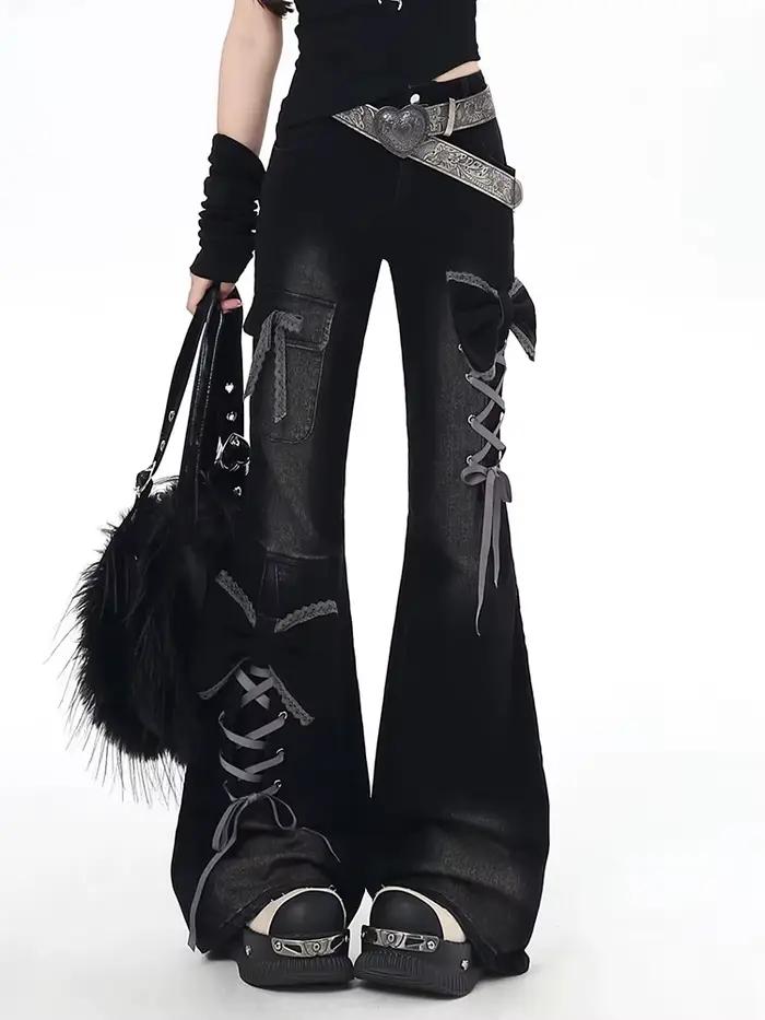 Y2K Bow Jeans femmes conception 3D taille haute coupe ajustée pantalon évasé fille épicée