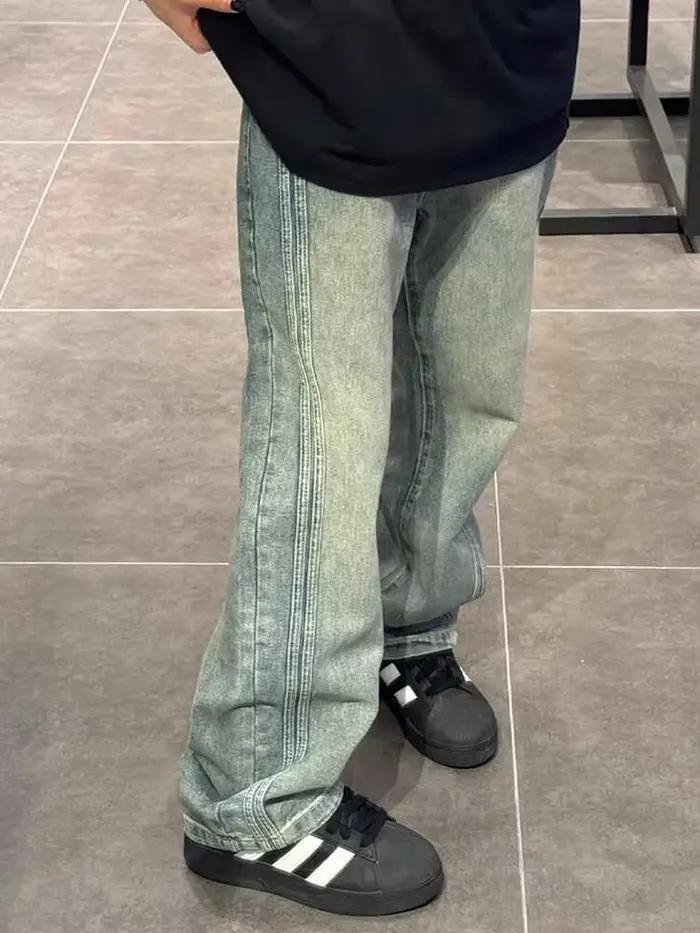 Jean droit rétro à rayures latérales pour homme, style streetwear, bleu délavé, coupe ample, denim,