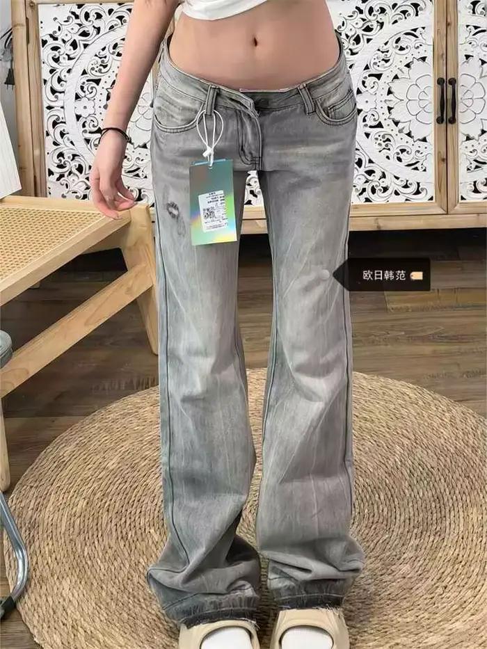 Pantalon évasé en Denim pour femmes, Vintage, gris, Harajuku, taille basse, poches brodées, Streetwe
