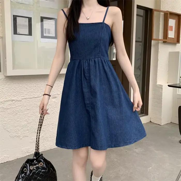 Robe d'été en Denim fin sans manches, taille haute, ligne a, bretelles Spaghetti, robe courte décont