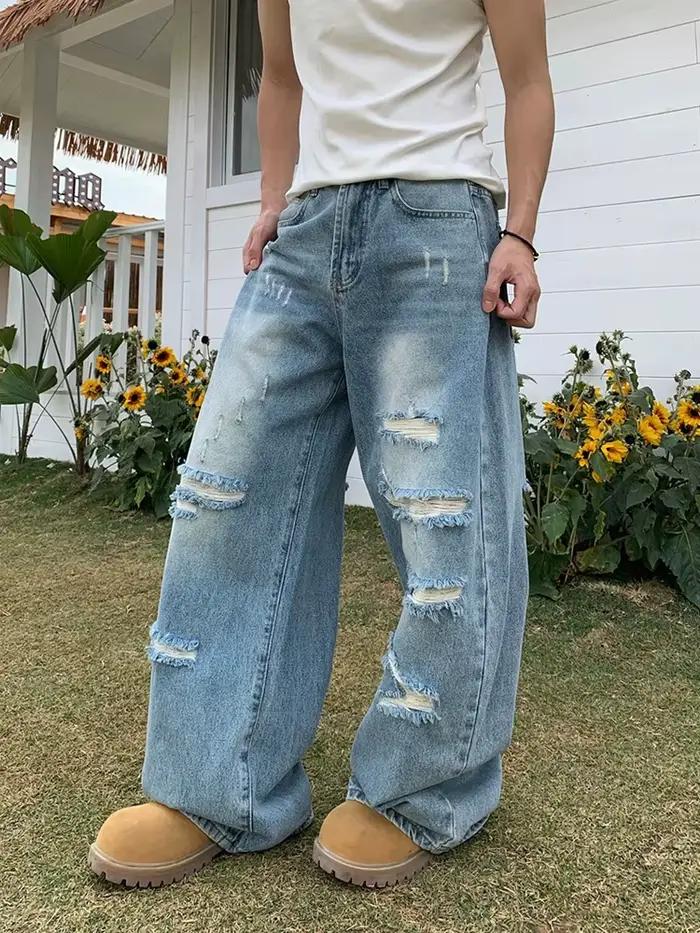 Jean déchiré et délavé coupe droite large pour homme, style Y2K Streetwear Cleanfit, pantalon en den