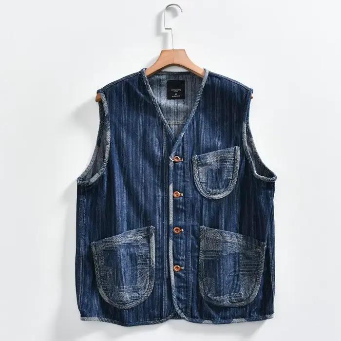 Gilet en jean sans manches délavé pour homme, multi-poches, style workwear, coupe ample, décontracté