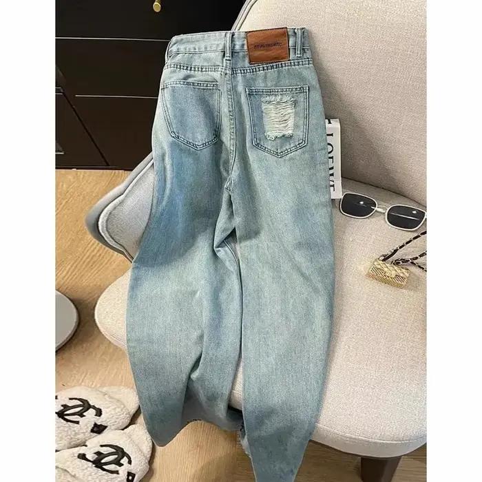 Jean décontracté pour femmes, pantalon en Denim à jambe droite, coupe ample, taille haute, bleu clai