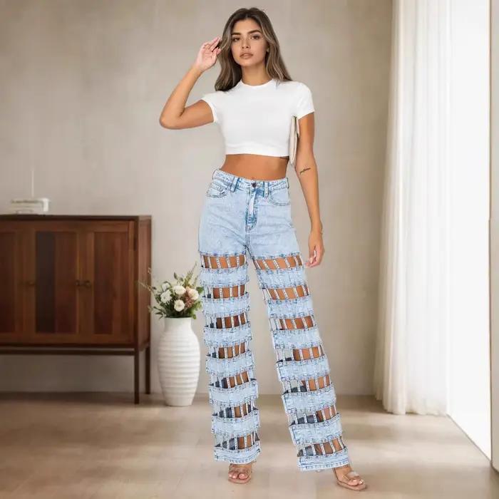 Trouses Jean évider Jean femmes pantalon droit taille haute Vintage déchiré taille haute fermeture é