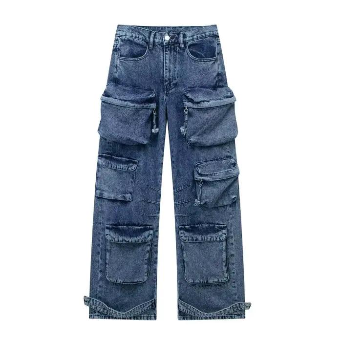 KADUWAKI-Jean Gothique Taille Haute en Denim pour Femme, Pantalon Cargo à Jambes Larges, Poches Mult