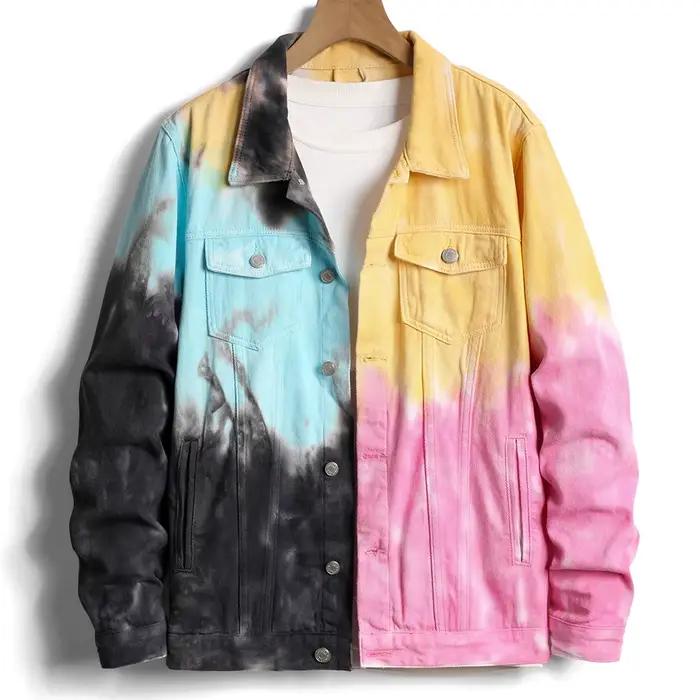 Veste en jean teint par nouage pour hommes, mode fantaisie, coton coloré, vêtements d'extérieur ampl