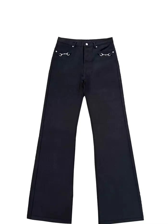 Jean micro-évasé délavé style rétro américain avec boucle, taille haute, coupe ample, jambe large, u