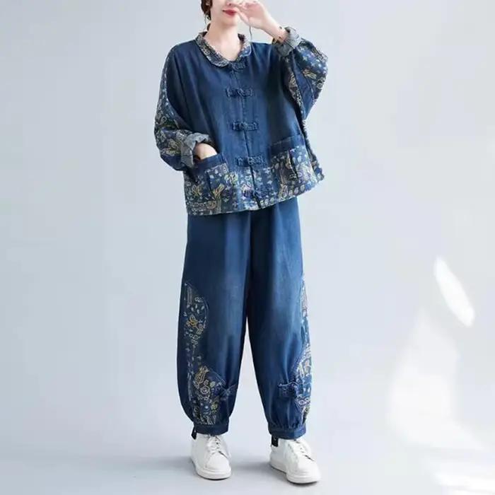 Ensemble veste et jean en denim à imprimé floral pour femmes, olympiques vintage, taille élastique,