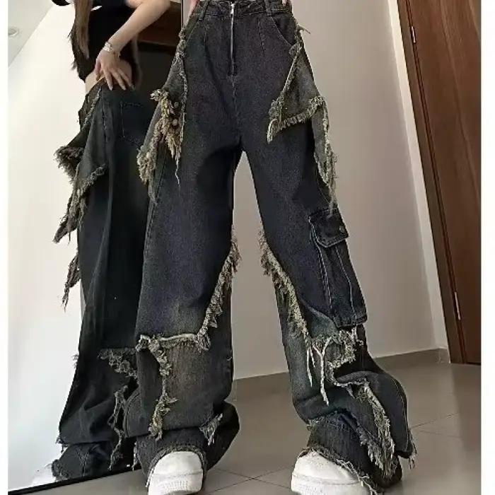 Jean taille haute coupe droite ample avec motif étoile, ourlet effiloché, longueur au sol, style rét