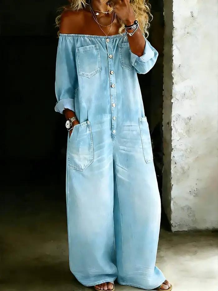 Nouvelle Combinaison Longue Ample Femme Style Rétro en Imitation Jean, Boutonnage Simple, Épaules Dé