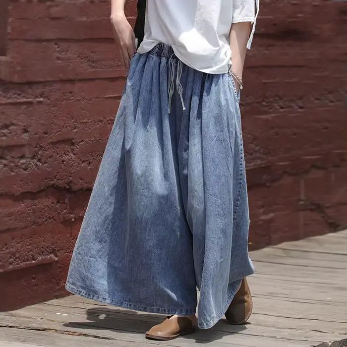 Vintage lavé en détresse femmes jean taille élastique à lacets littéraire ample pantalons décontract