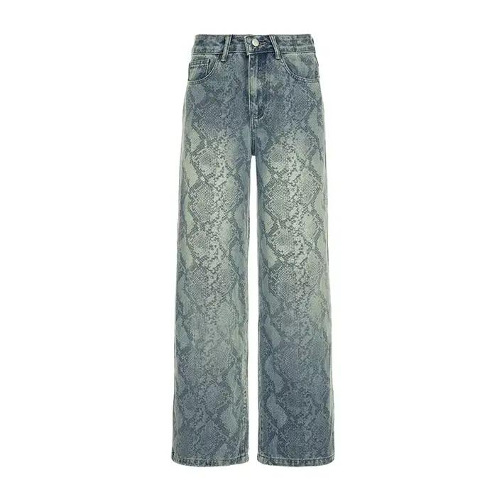 Nouveau Jean Femme Chic Taille Basse avec Poches, Coupe Droite, Longueur Intégrale, Imprimé Street F