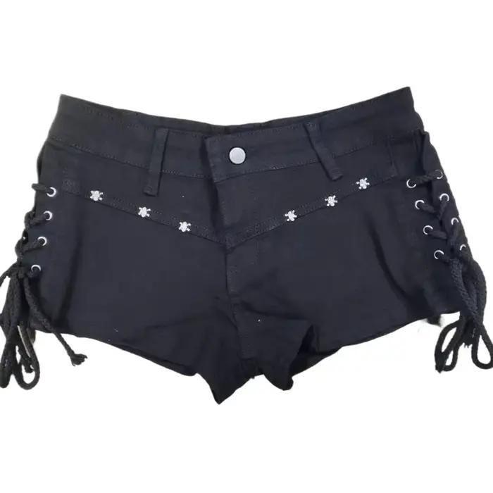 Short en jean noir Y2K, super short en denim, rétro, taille basse, bretelles serrées et fines, panta