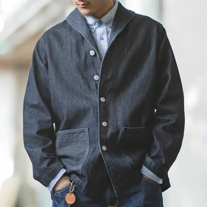 Maden veste en denim vintage 13,5 oz délavée pour hommes, col classique en coton, style chasse avec