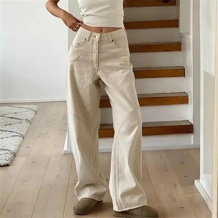 Jean Baggy Beige pour Femme, Pantalon en Denim Décontracté, Style Boyfriend FjVintage, Taille Haute,