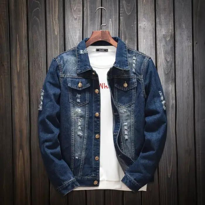 Blouson en jean tendance pour homme grande taille, coupe slim délavée, style motard original, vêteme