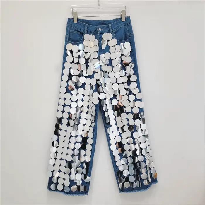 Jeans taille haute à paillettes personnalisées pour femmes, pantalons chimlong, perles faites à la m