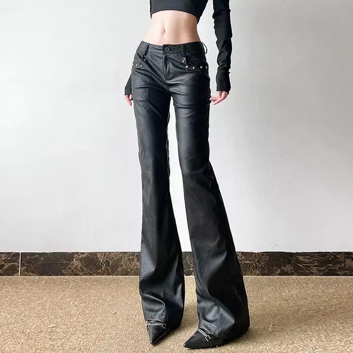 Y2K Pu cuir Flare pantalon femmes mode Streetwear Rivet noir pantalon automne hiver Sexy Gyaru gothi
