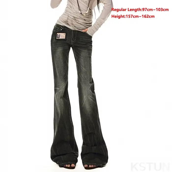 KSTUN épicé fille taille basse jean gris Stretch femmes mince pantalon évasé bureau dame cloche bas