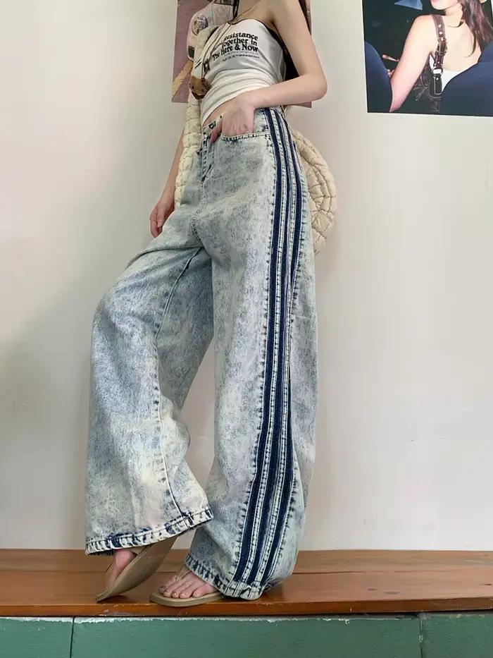 Jean Baggy Bleu Clair à Rayures Latérales pour Femme, Pantalon à Jambes Larges, Prix Bon Marché, Y2K