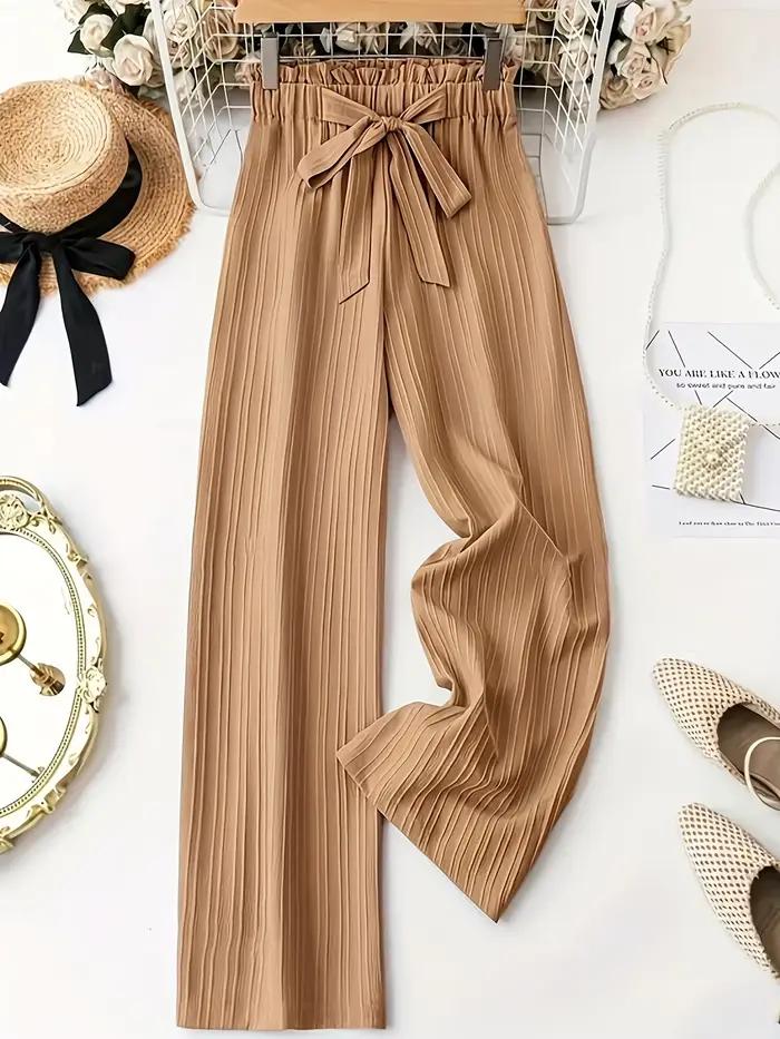 Pantalon large texturé kaki pour femme, taille haute avec lien, coupe droite drapée