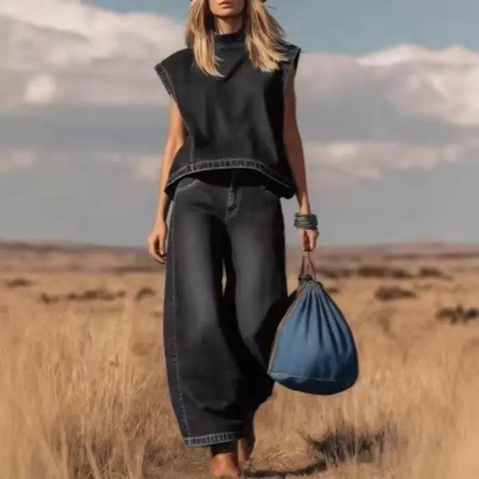 Ensemble pantalon en jean pour femme, 2 pièces, gilet sans manches à col montant, pantalon large lon