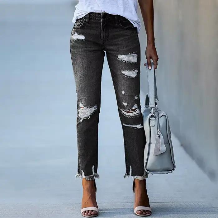 Jean skinny déchiré délavé vintage pour femme Pantalon en denim blanchi