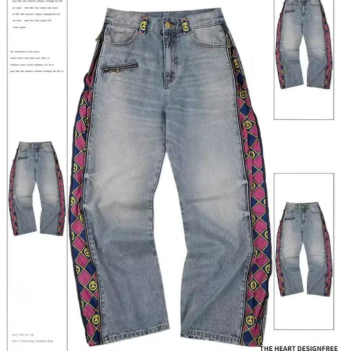 American Sle fermeture éclair Plaid imprimé Patchwork jean ample pour hommes et femmes mode taille h