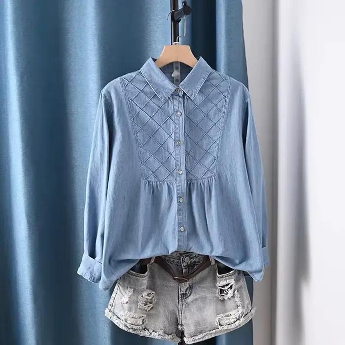 2025 Chemisier d'été pour femmes chemises en denim vintage chemisiers à manches longues pour femmes